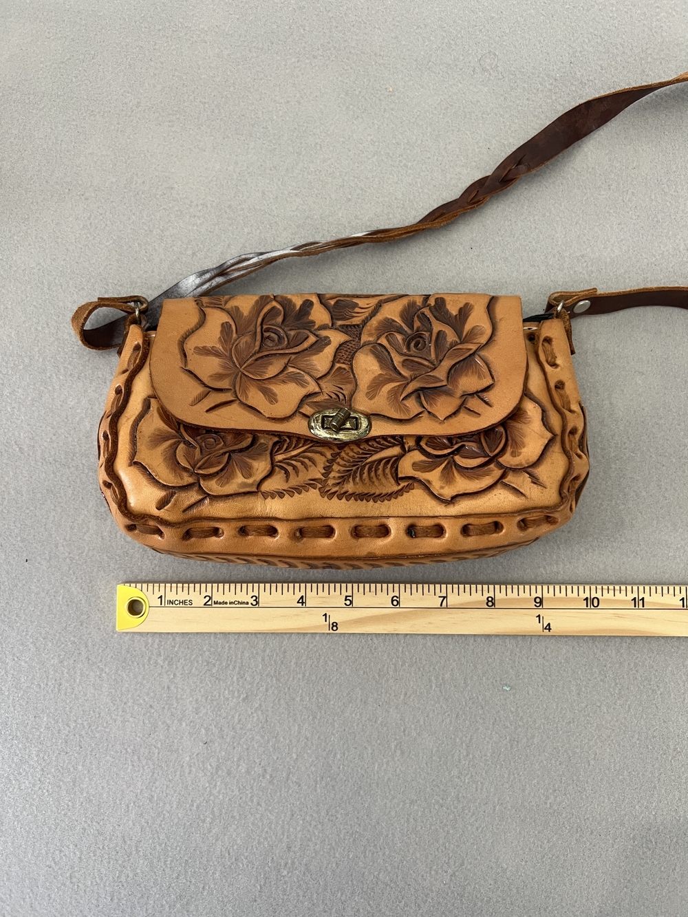 Handtooled Leather Floral Crossbody Bag - Tan - Picture 7 of 9